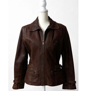 MGR Brown Leather Jacket Fitted Zip Up Moto Utility Jacket Medium